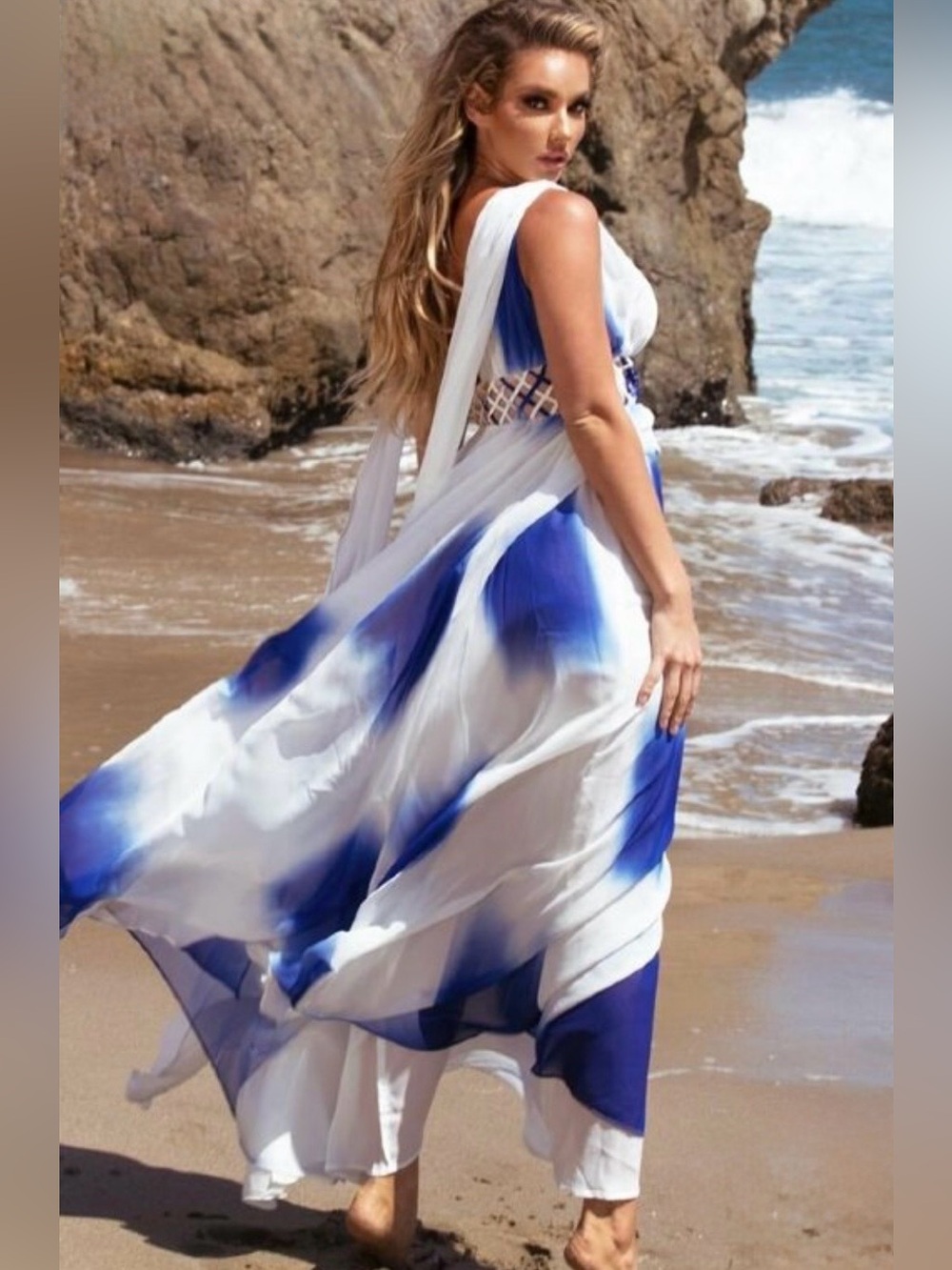 L'ATISTE White and Blue Flowing Beach Coverup Dress